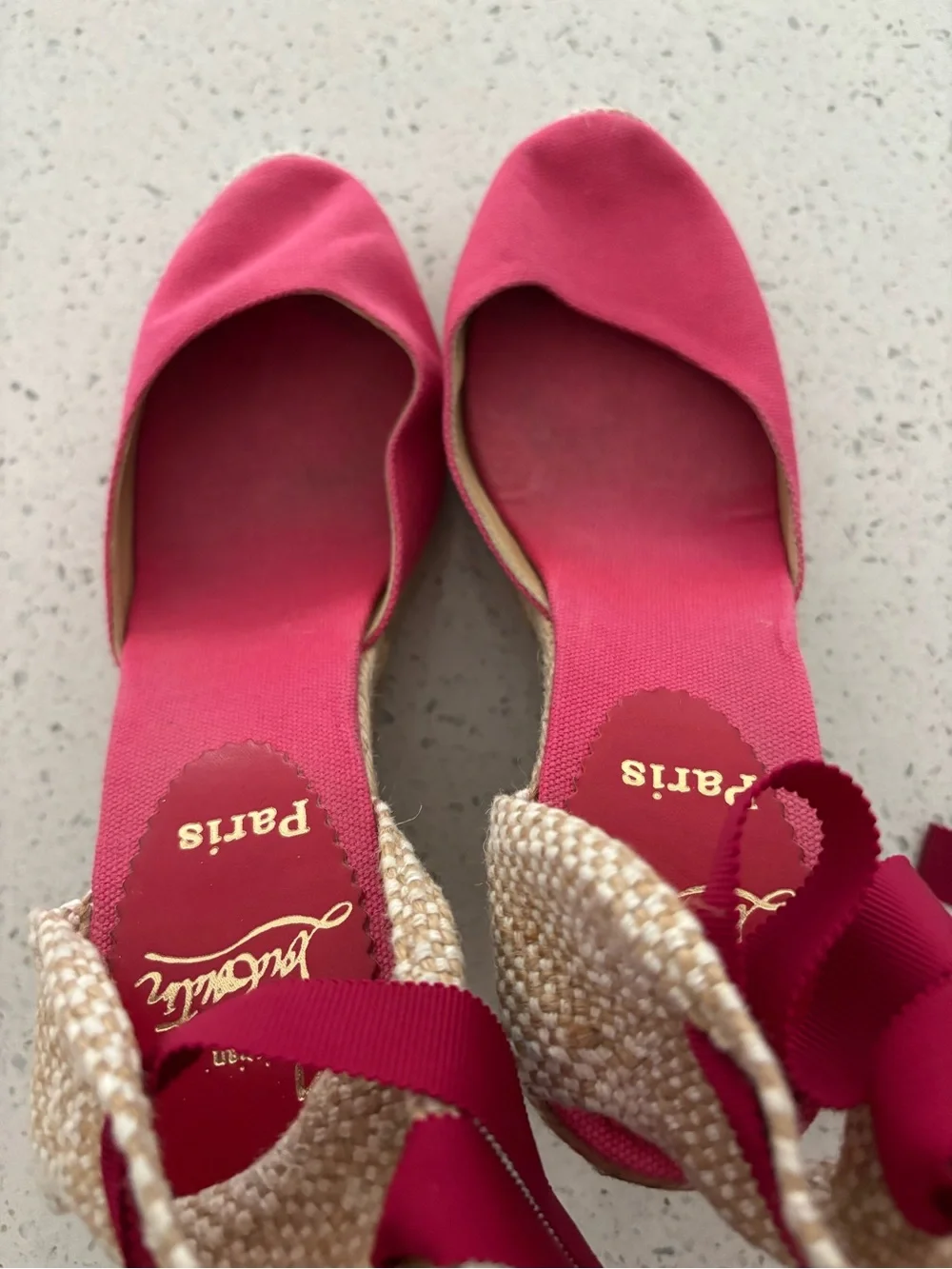 Christian Louboutin Canvas Wedge Espadrilles Fuschia Pink Brigitte Ribbon Ankle